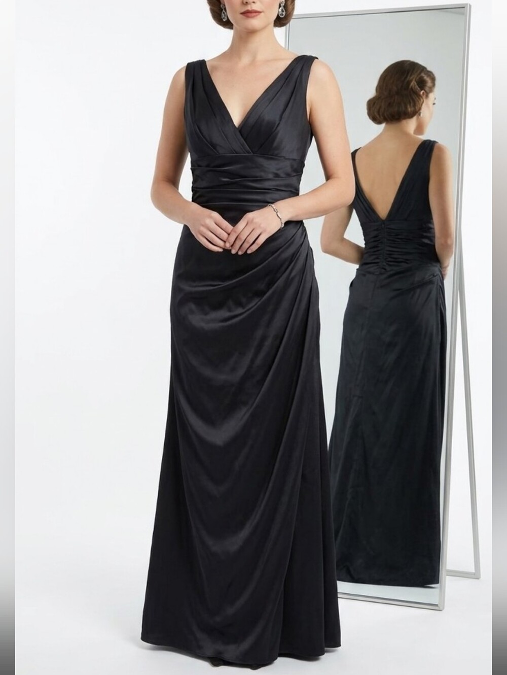 Vtg WTOO Watters & Watters Black V-Neckline Ruched Full Length Evening Gown 14